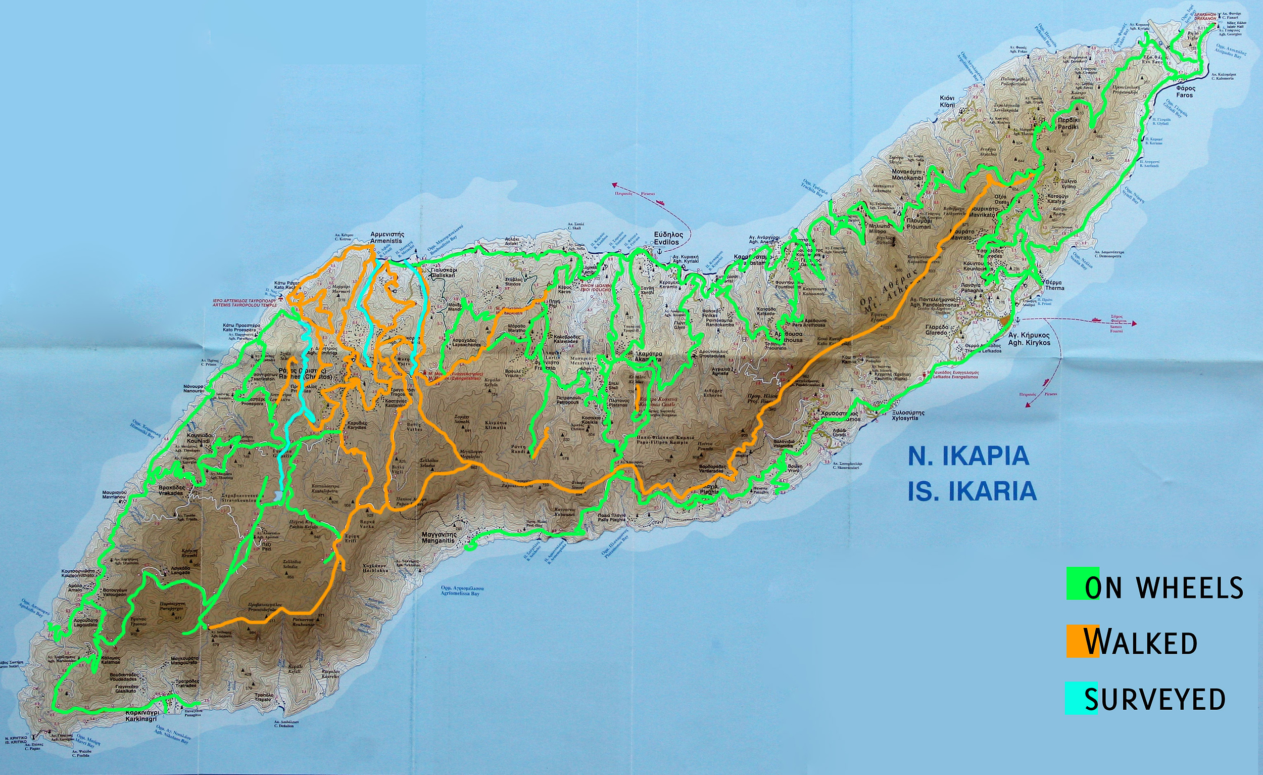 Mapa wyspy Ikaria z zaznaczonymi trasami